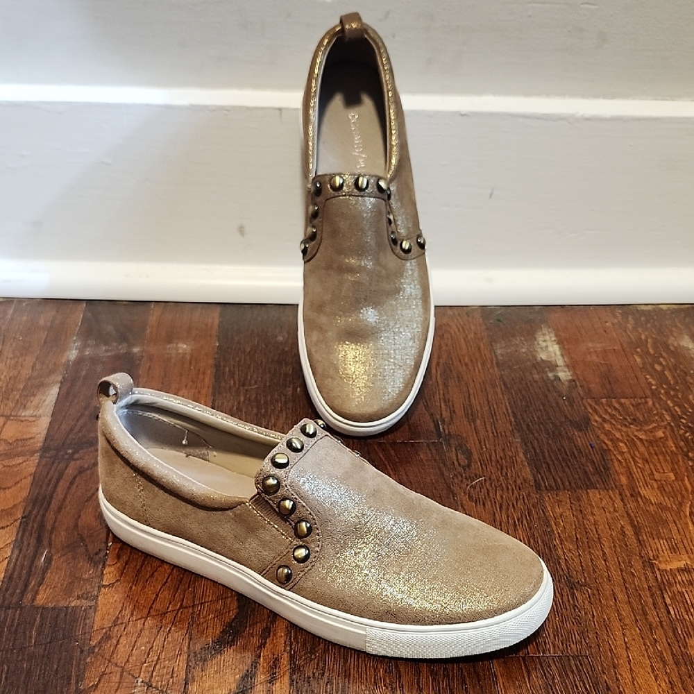 Donald J. Pliner Gold and Tan Studded Loafers